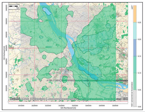 Abb.1: Geographische Verteilung der Zusatzbelastung mit Stickstoffdioxid im Jahresmittel durch das geplante Kohlekraftwerk, Angaben in μg/m3 [TÜV Nord,2008] aus IFEU 2008