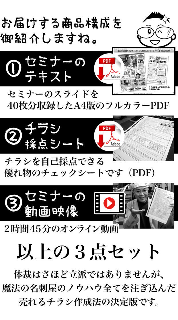 パッケージの中身を御紹介「チラシ改善の手引書（50項目のチラシ改善法を記した全30ページの解説書）」「チラシチェックシート（チラシを自己採点でき、10段階評価できるチェック用紙）」「チラシ成功事例レポート（身近な成功事例を収録した７事例・全24頁のチラシレポート。ビフォーアフターによる現物の掲載、成功要因も丁寧に解説。）」の豪華３点セット。魔法の名刺屋のノウハウ全てを注ぎ込んだ売れるチラシ作成法の決定版です。