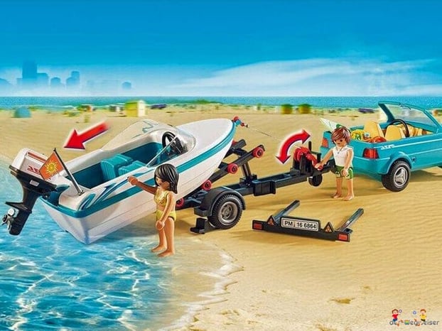 Die Besonderheit im Playmobil Paket 71589 ist ein Bootsanhänger mit Seilwinde zum Wassern.