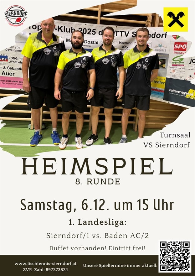 Mit einer weißen Weste geht Sierndorf/1 in das letzte Heimspiel der Herbstsaison! Mit einem Sieg sind wir Herbstmeister! Eintritt frei! Buffet vorhanden!
