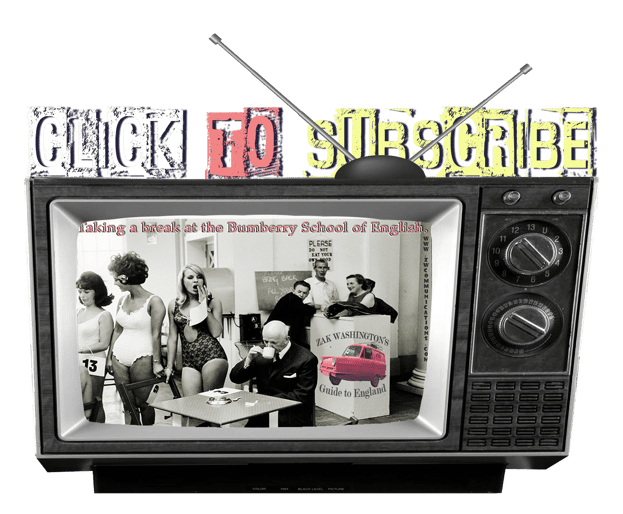 Graphic with picture of a vintage TV showing a scene from a Typical English cafe. 