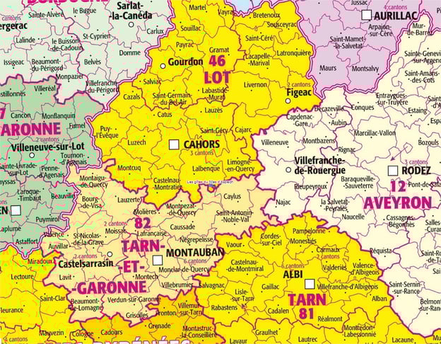 carte de l'emplacement des gîtes, à la croisé du Lot, du Tarn-et-Garonne, du Tarn, et de l'Aveyron