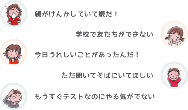 親がけんかしていて嫌だ、学校で友だちができない、今日うれしいことがあったんだ、ただ聞いてそばにいてほしい、どうしたら逃げ場所がみつかりますか？