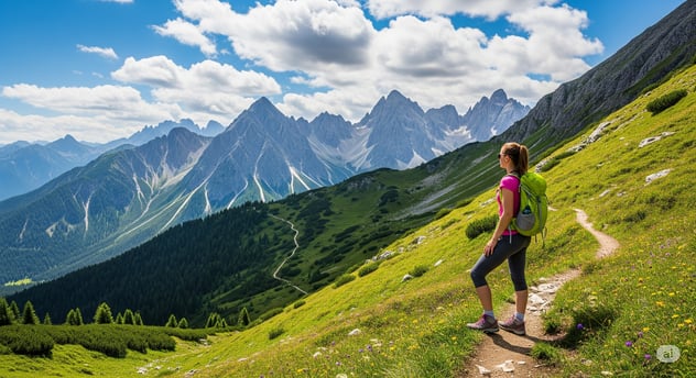 Ein Weg schlängelt sich durch eine Berglandschaft, mit einer Person, die nachdenklich auf eine weite Aussicht blickt.