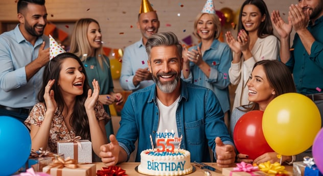 Ein glücklicher 55-jähriger Mann mit braungebrannter Haut, grau melierten dunkelblonden Haaren, blauen Augen und einem Dreitagebart feiert seinen Geburtstag mit Freunden und Familie. Er sitzt vor einem Kuchen mit Kerzen, die die Zahl 55 zeigen