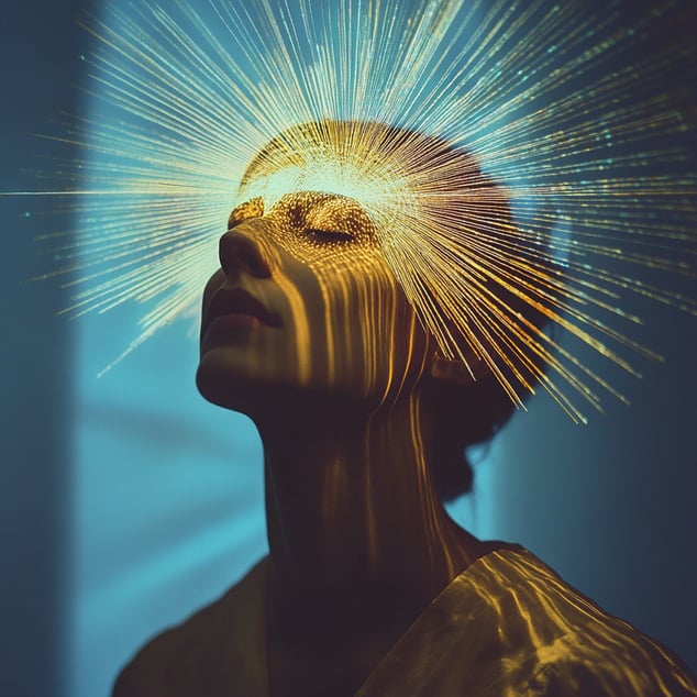 Eine Frau mit goldenem Licht, das wie Sonnenstrahlen aus ihrem Kopf scheint, surreale Fotografie, DSLR, klarer Hintergrund, im Stil barocker Kunst.