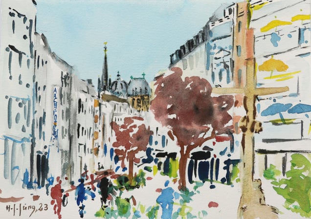 "Aachen Henger Herjotts Fott, Blick zum Dom" (Aquarell), 24 cm x 17 cm