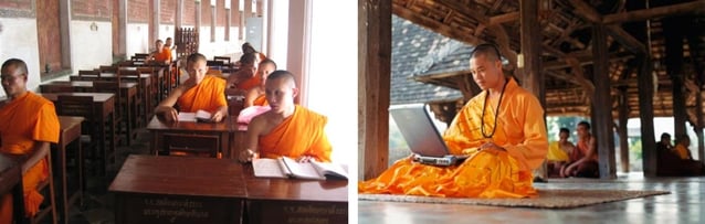 Mönche in Bibliothek und Mönch mit Laptop
