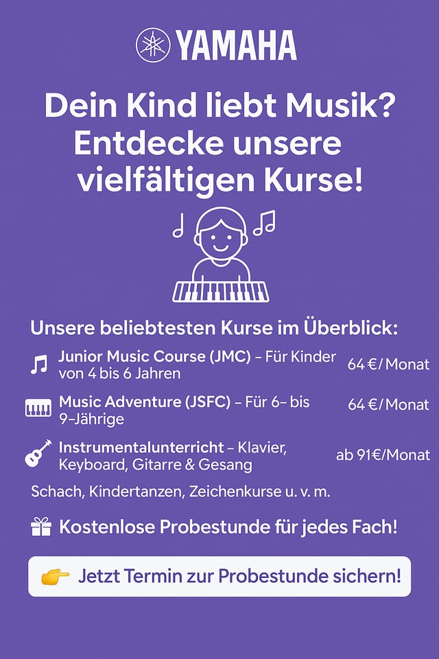 📚 Unsere beliebtesten Kurse im Überblick: 🔹 Junior Music Course (JMC) – Für Kinder von 4 bis 6 Jahren (64 €/Monat)  🔹 Music Adventure (JSFC) – Für 6- bis 9-Jährige (64 €/Monat)  🔹 Instrumentalunterricht – Klavier, Keyboard, Gitarre & Gesang (ab 91 €/M