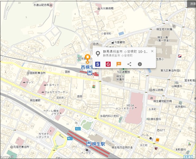 月極貸し駐車場　桐生市小曾根町10-11　地図