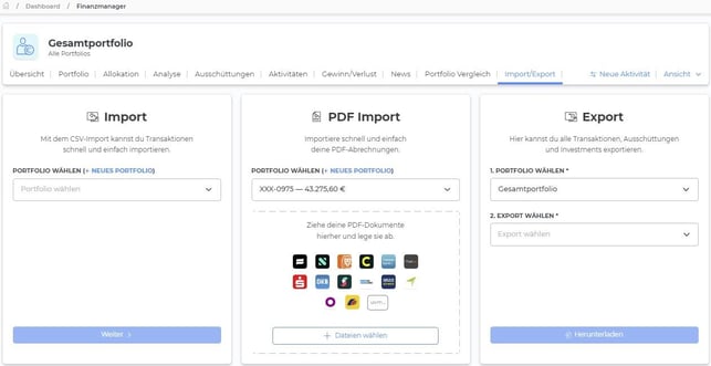Import- und Export-Funktionen des Finanzmangers
