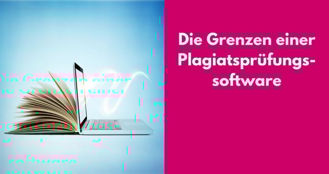 Laptop mit Buch. Bezeichnet: Die Grenzen einer Plagiatsprüfungssoftware