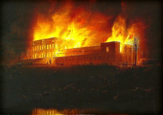 Le premier château construit par Ferdinand à Argenteuil fut détruit par le feu en 1847. Tableau de Van Schendel.