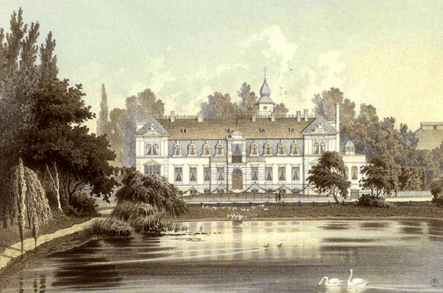 Musikhaus Bading in Berlin - Neukölln, Karl - Marx - Straße. Rittergut und Schloß Britz um 1880.