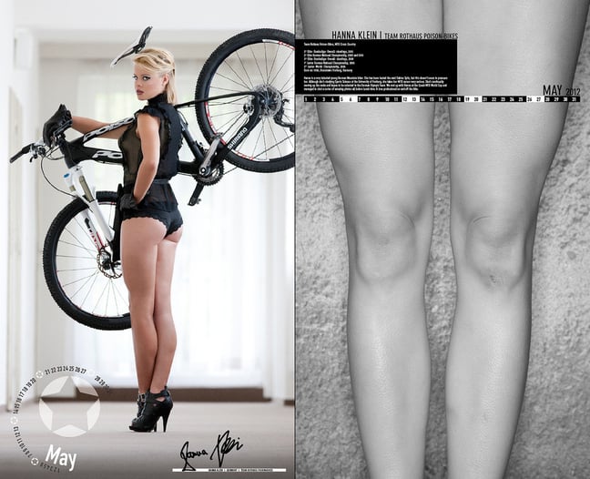 Der Wonnemonat Mai reizend repräsentiert von Hanna Klein. Im Bild rechts: die Rückseite des Kalenderblatts mit der Vorderseite von Hannas Beinen.