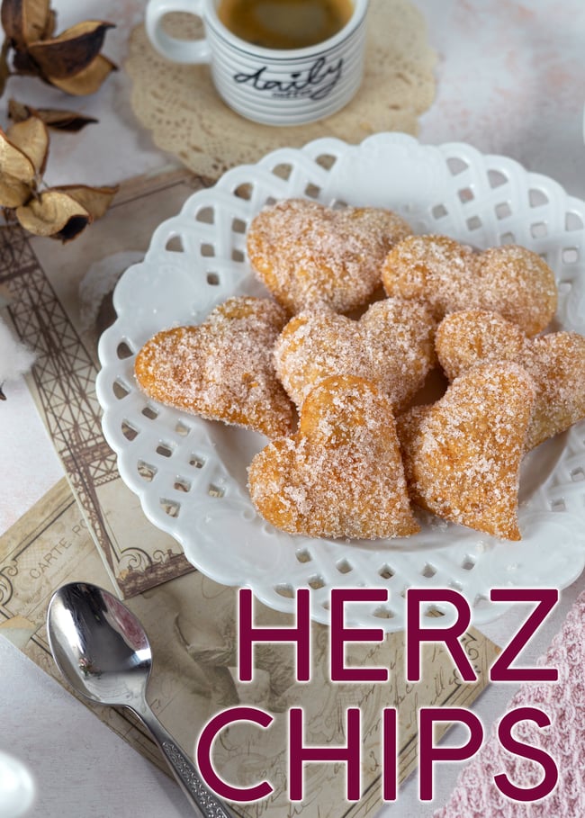 Süsse Herz Chips - Valentinstag, snacks, dessert, gebäck, frittieren, frittiert, rezeptideen, einfache rezepte, schnelle rezepte, schnelle desserts, familienküche, vegan, vegetarisch, frühstück