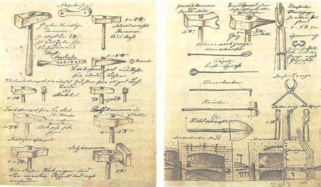 Bild 8: Aus dem Exkursionsbericht des Bergeleven Anton Jugoviz 1856/57. Skizzen der beim Schmieden angewandten Gezähe. Miesbachsche und Maiersche Bergschmiede. Foto Wilke Leoben