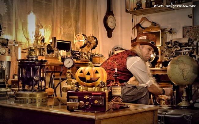 steampunker dan aetherman celebrates halloween in his workshop