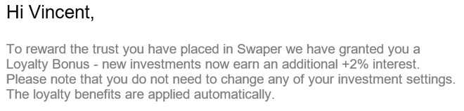 Info-Mail von Swaper zum Erreichen des Loyalty-Bonus