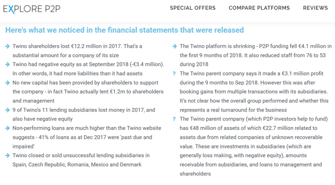 freaky finance, Finanzbericht der Twino-Gruppe für 2017, Zusammenfassung von Explore P2P