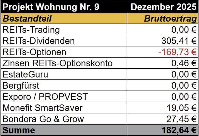 tabellarische Übersicht, Einnahmen Projekt Wohnung Nr. 9, REITs, Optionshandel, Bergfürst, Exporo, PROPVEST, Bondora Go & Grow, Monefit SmartSaver