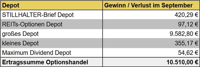 tabellarische Übersicht, Gewinne/Verluste Optionshandel Vormonat, Einnahmen, Optionsprämien aller Depots