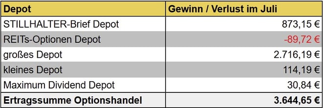 tabellarische Übersicht, Gewinne/Verluste Optionshandel Vormonat, Einnahmen, Optionsprämien aller Depots