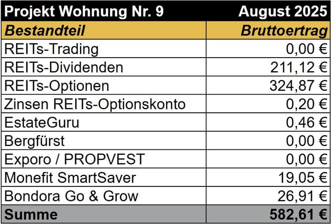 tabellarische Übersicht, Einnahmen Projekt Wohnung Nr. 9, REITs, Optionshandel, Bergfürst, Exporo, PROPVEST, Bondora Go & Grow, Monefit SmartSaver