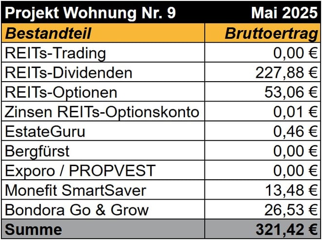 tabellarische Übersicht, Einnahemen Projekt Wohnung Nr. 9, REITs, Optionshandel, Bergfürst, Exporo, PROPVEST, Bondora Go & Grow, Monefit SmartSaver
