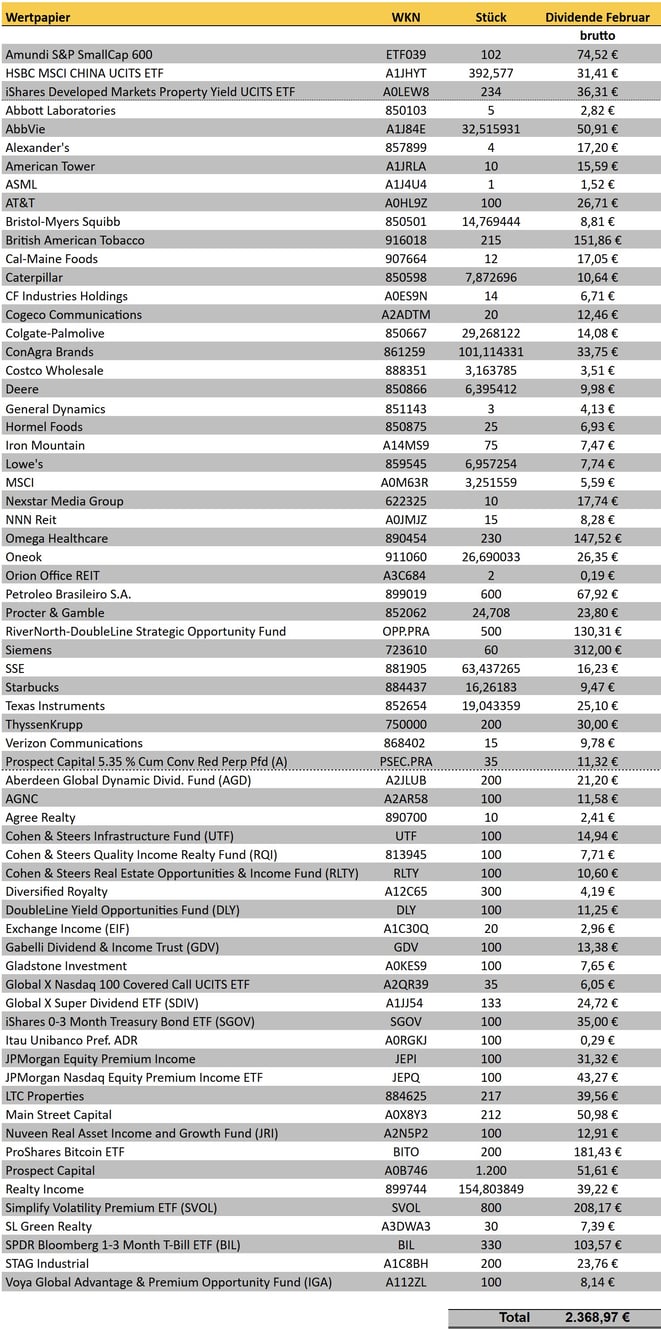 tabellarische Übersicht, meine Dividenden im Februar 2025