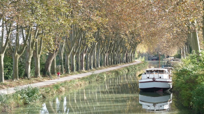 freaky running, Kanal, Canal du Midi, Boot, Wasser, Fahrradweg, Fahrrad, Bäume