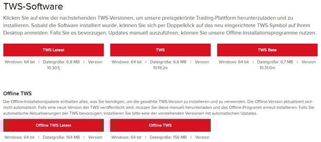 Screenshot Download-Möglichkeiten für die TWS
