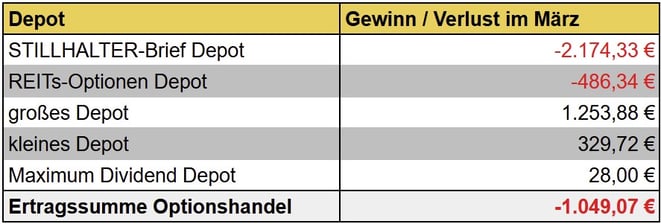 tabellarische Übersicht, Gewinne/Verluste Optionshandel Vormonat, Einnahmen, Optionsprämien aller Depots
