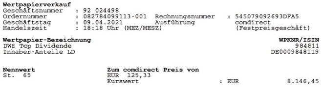 freaky finance, Verkauf DWS Top Dividende Fonds, Wertpapierabrechnung
