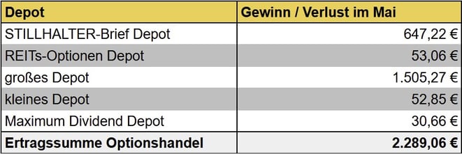 tabellarische Übersicht, Gewinne/Verluste Optionshandel Vormonat, Einnahmen, Optionsprämien aller Depots