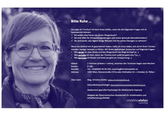 Weiße Frau mit kurzen Haaren die lächelt. Rechts daneben stehen Informationen zu Inhalt, Ablauf und Kosten eines Coaching das bei Tinnitus hilft.
