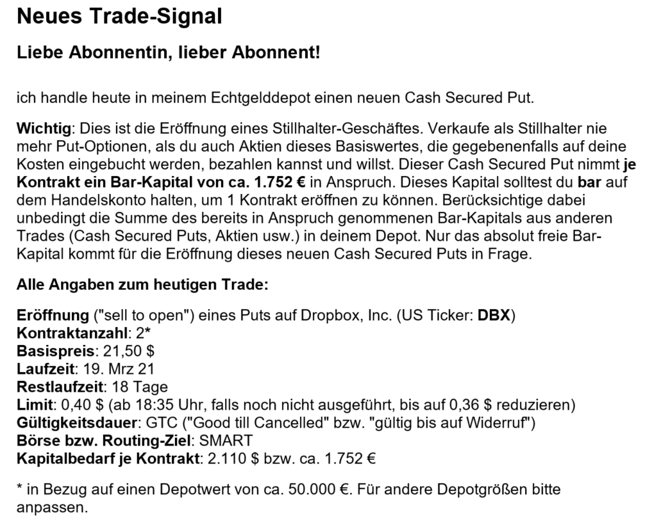 freaky finance, STILLHALTER-Brief, Cash Secured Put, Signal, Einstiegssignal, Trade-Signal