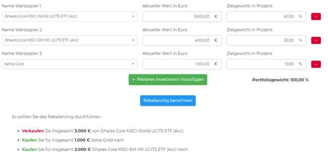 Beispiel-Ansicht extraETF Rebalancing-Rechner, freaky finance