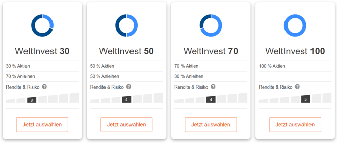 Die RaisinInvest-Portfolios, unterschiedliche Aktiengewichtung, je nach persönlichem Risikoprofil