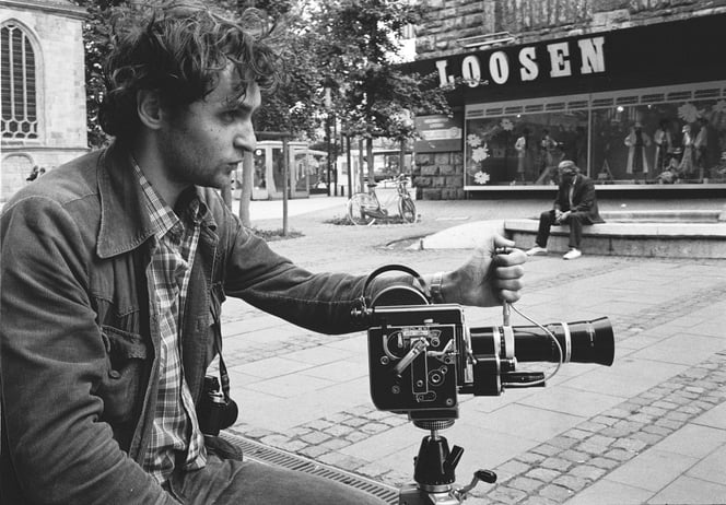 Dreharbeiten zum Film "Die Axt", 1983, hier Reinhard Krause an der Bolex-Kamera