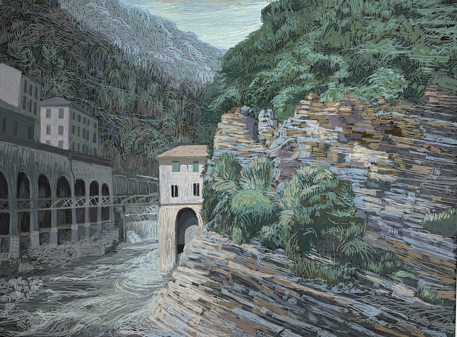 Asta Rode, Schlucht, Acrylstift auf Leinwand, 120 x 160 cm, 2025