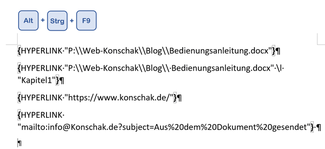 Zu sehen ist das Beispieldokument mit aktivierter Feldanzeige.