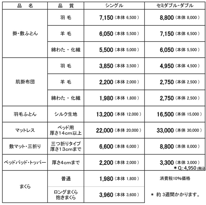 布団の丸洗い　価格一覧