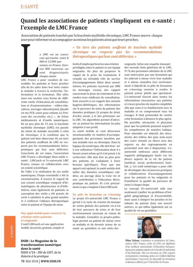 E-santé-Leucémie Myéloïde Chronique-LMC France- Patients-LMCoach-E-université-DSIH