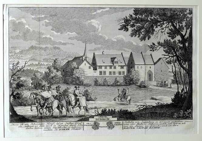 Ritterhaus Bubikon, Original-Kupferstich von David Herrliberger, um 1765. Der Stich kann käuflich erworben werden, siehe Rubrik «buebikernews shop». (Bild-Copyright: Thomas Illi, Wolfhausen)