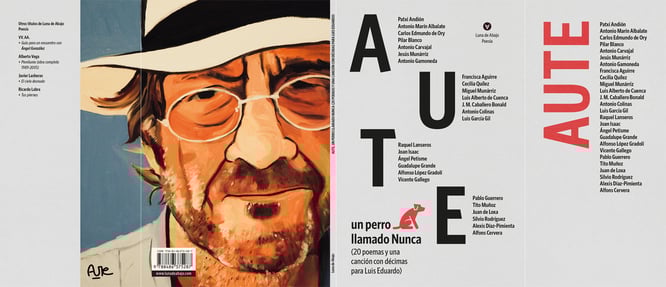 La cubierta de la edición con solapas. En la contra: retrato de Luis Eduardo Aute por su hijo Miguel Aute