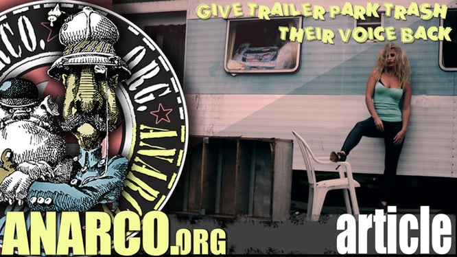 blond trailer park trash girl in front of a caravan