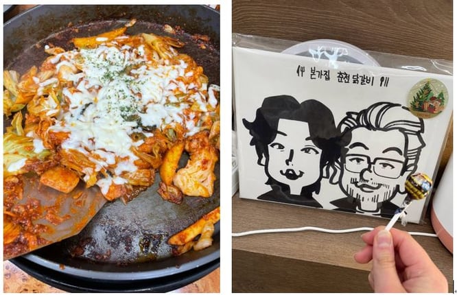 弘大の「ボンガジプ春川タッカルビヨンナム店」 ジャガイモや餅が入っているチーズタッカルビ。〆のキムチチャーハンもおいしかった。飴をもらって午後からの仕事も頑張れた。