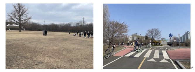 散歩をしている人や自転車に乗っている人たち。暖かい日が続いており、外で体を動かすのにもいい気温。