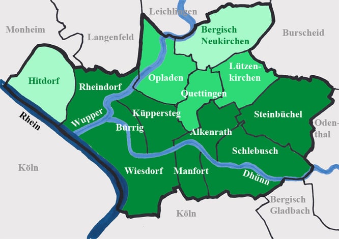 Leverkusen mit den Stadtgrenzen seit der Gebietsreform